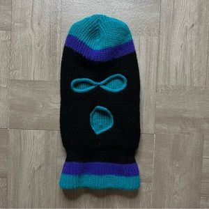 Black Knit Ski Mask with Teal and Purple Accents
